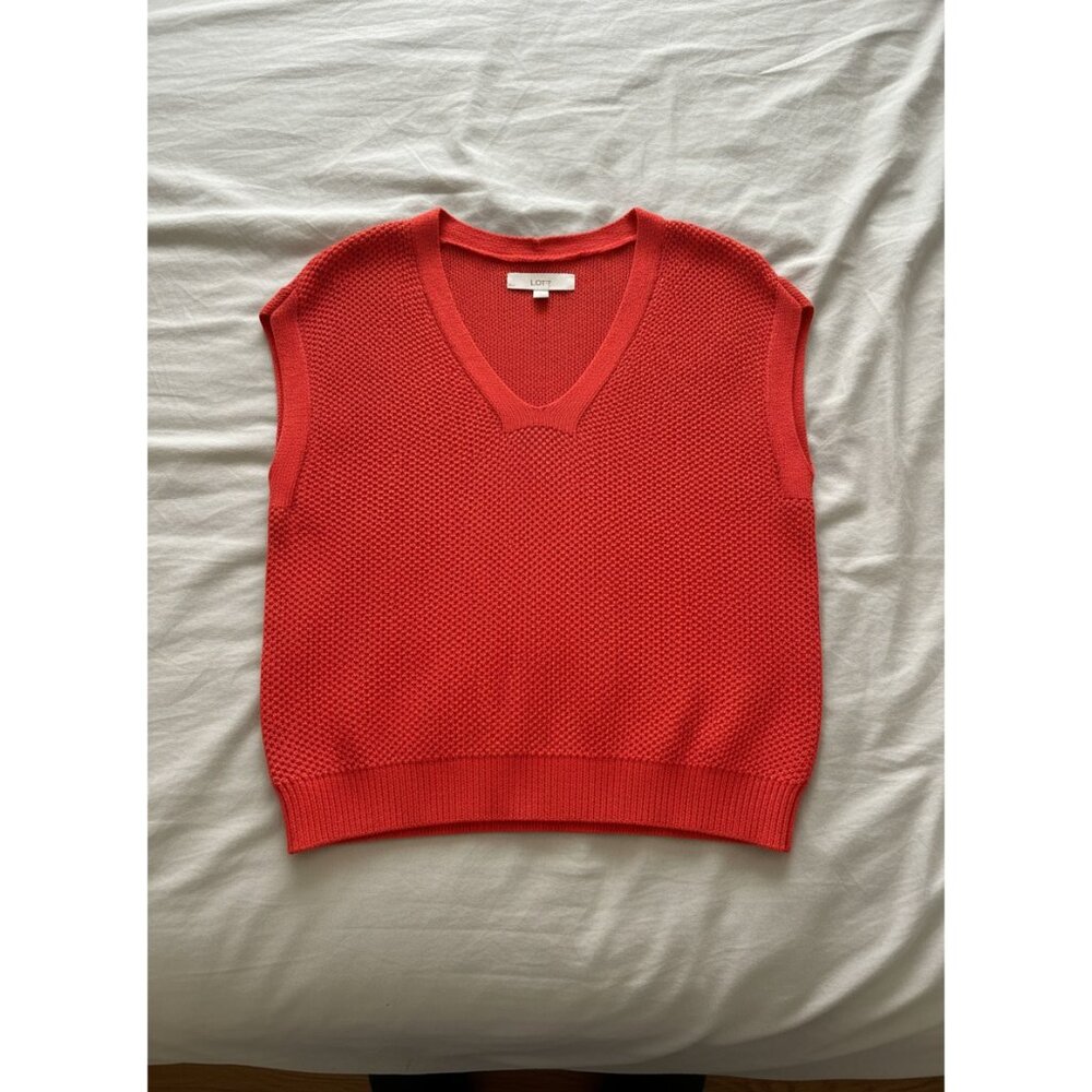 LOFT Coral Red V-Neck Sleeveless Sweater Vest - Picture 1 of 3